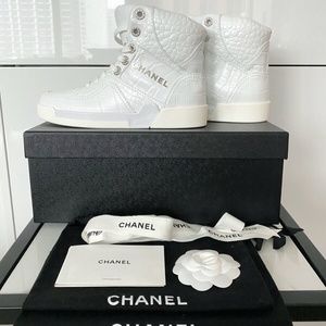 CHANEL CALFSKIN WHITE HIGH TOP SNEAKERS